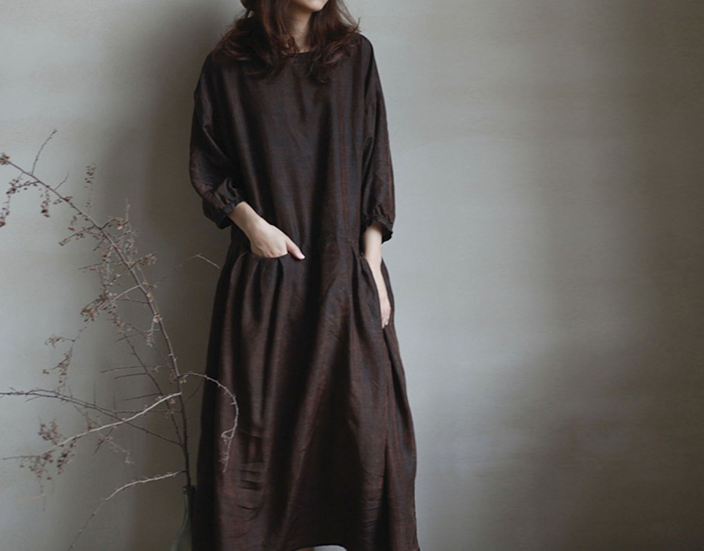 edoa Drop Waist Cracked Mud Silk 3/4 Sleeves Dress 