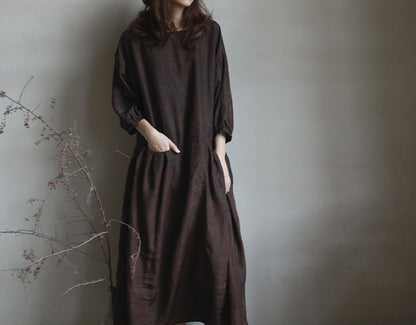 edoa Drop Waist Cracked Mud Silk 3/4 Sleeves Dress 