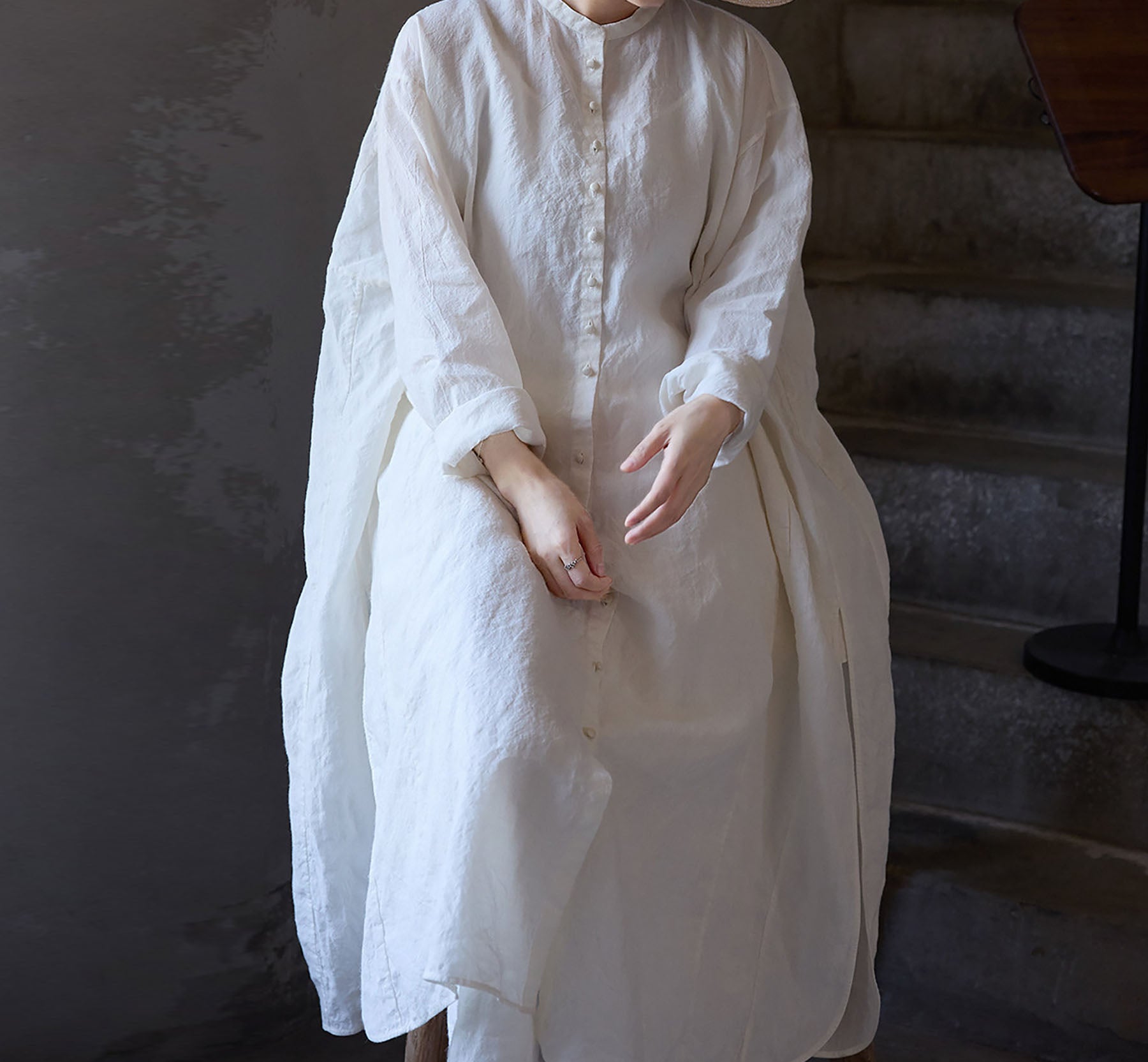 edoa Oversized White Washed Ramie Lightweight Chinese Button Down Shirt Dress