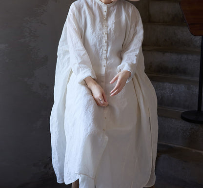 edoa Oversized White Washed Ramie Lightweight Chinese Button Down Shirt Dress