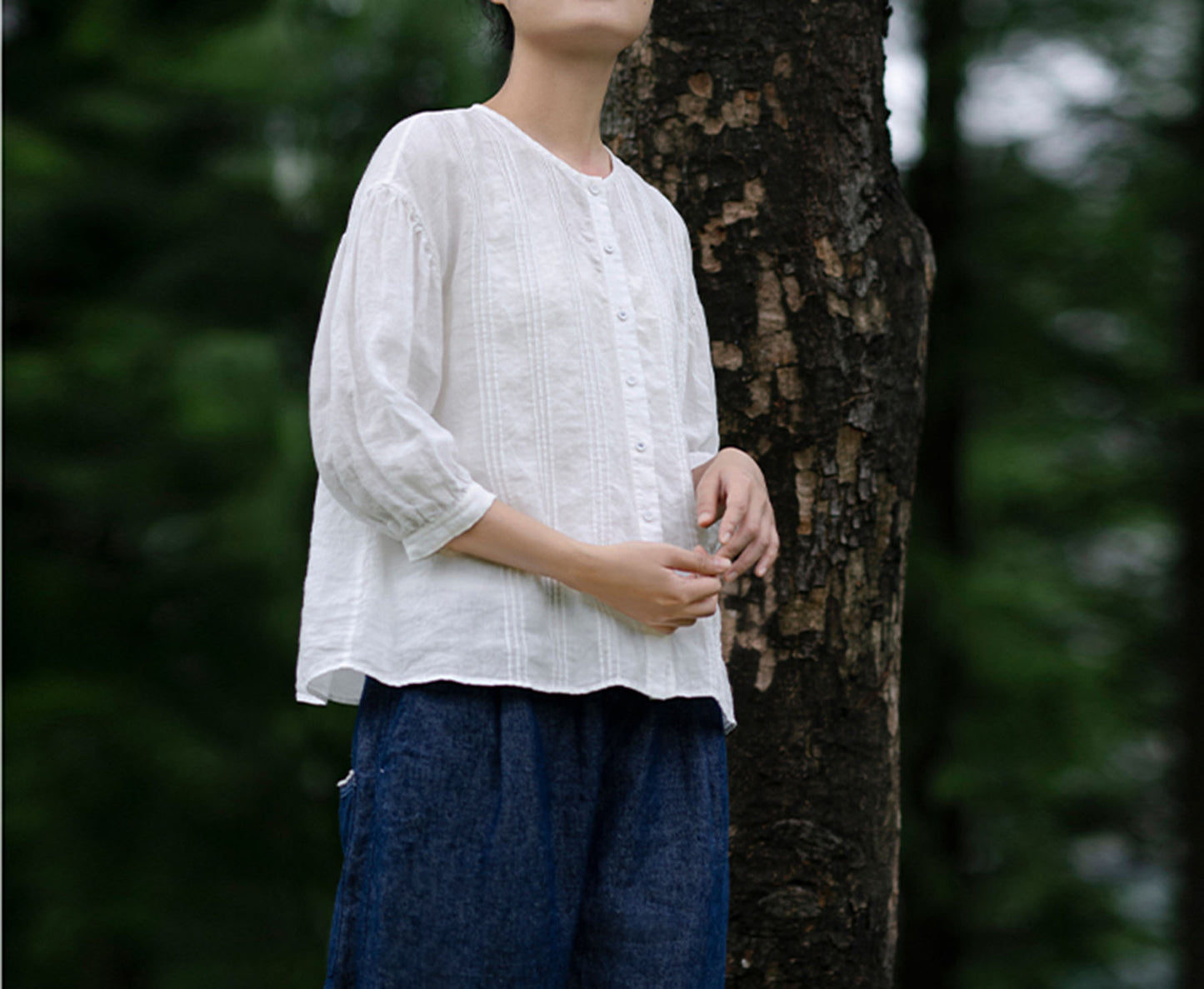 edoa Thin Linen Vertical Pin Tucks Blouse