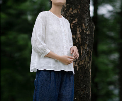 edoa Thin Linen Vertical Pin Tucks Blouse