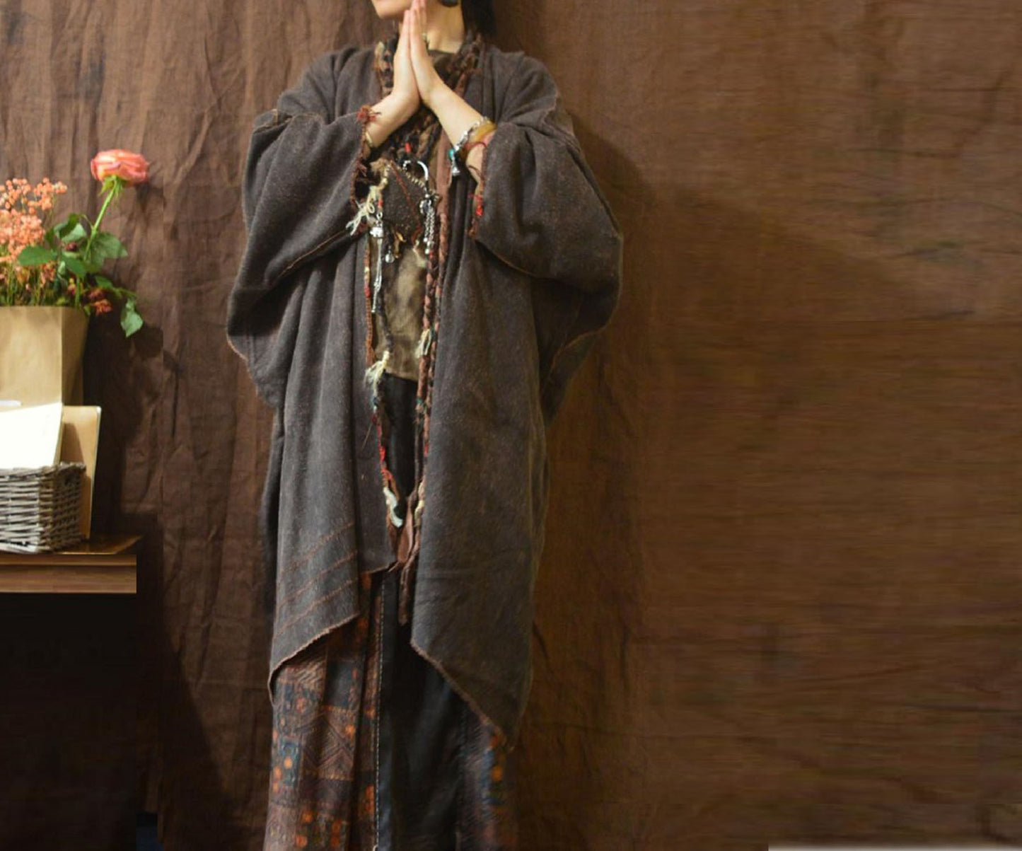 edoa Loose Fitting Mud Tussah Silk Jacquard Cardigan Coat 