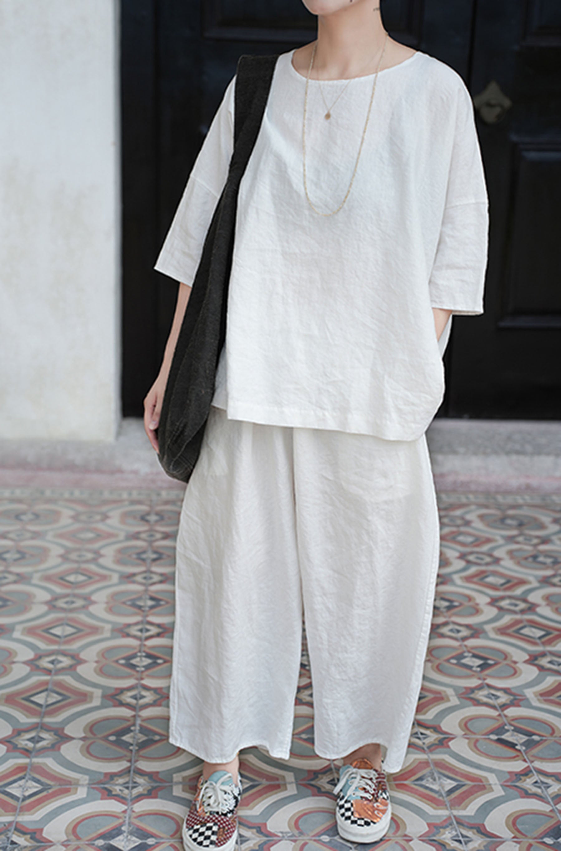 edoa Loose Heavy Weight Washed Linen Wide-leg Pants
