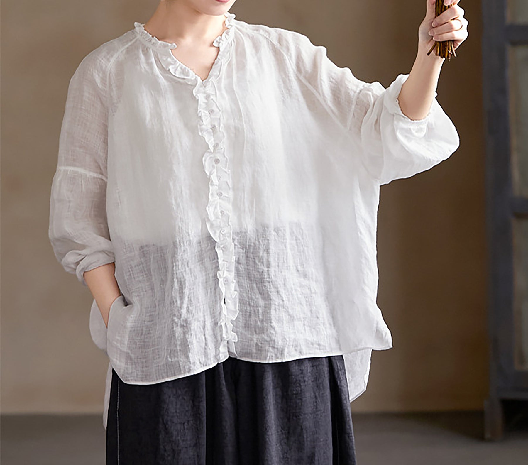 edoa Oversized High Count Hemp Ruffle Blouse