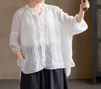 edoa Oversized High Count Hemp Ruffle Blouse