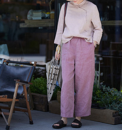 edoa Purplish Pink Linen Qipao Top