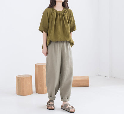 edoa Summer Linen Gathered Neck Blouse