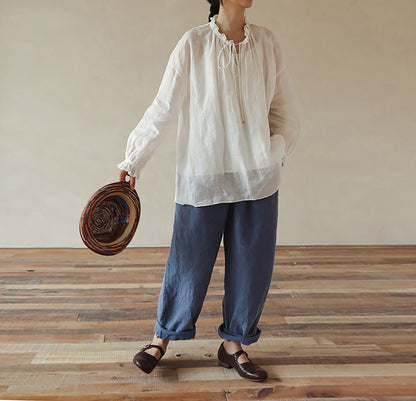 edoa Thin Ramie Pintuck Poet Blouse