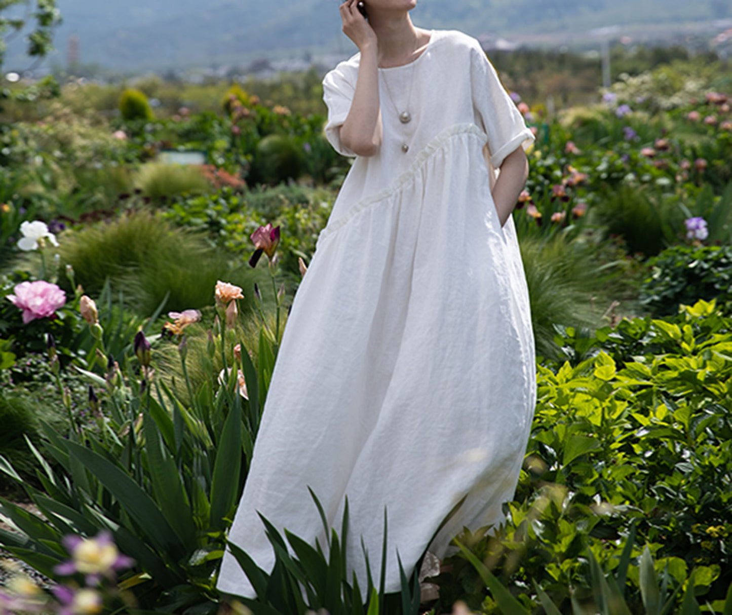 edoa High Waist Gathering Linen Maxi Dress