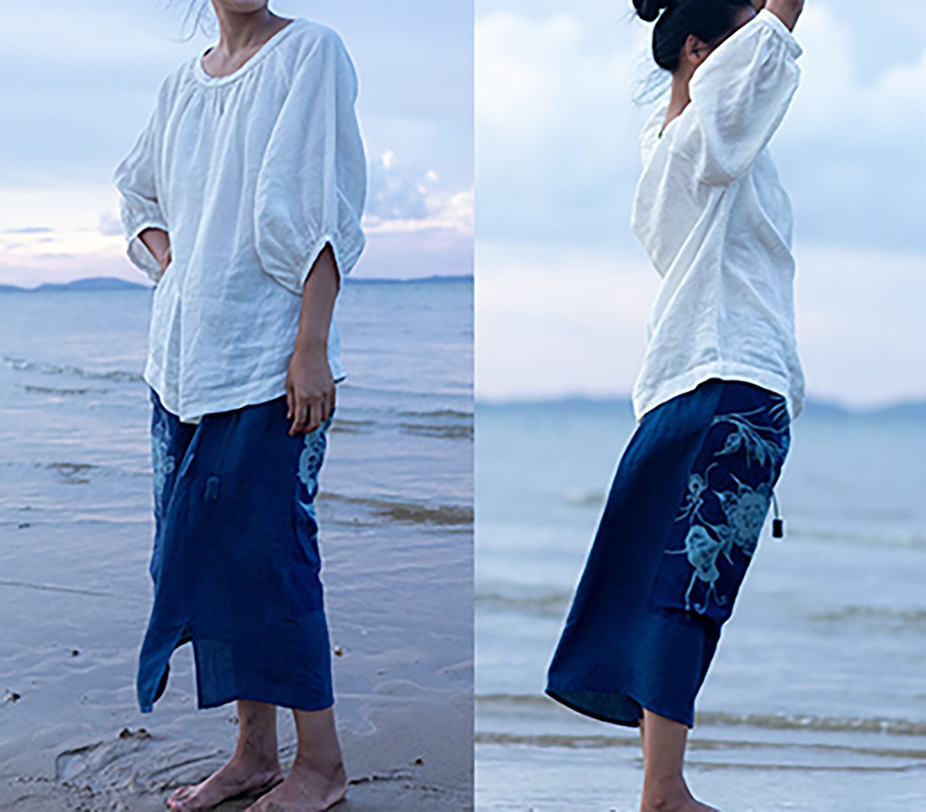 edoa Loose Fitting Linen Lantern Sleeves Gather Blouse