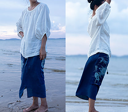 edoa Loose Fitting Linen Lantern Sleeves Gather Blouse