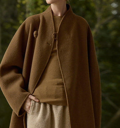 edoa New Chinese Style Double-faced Wool Long Coat