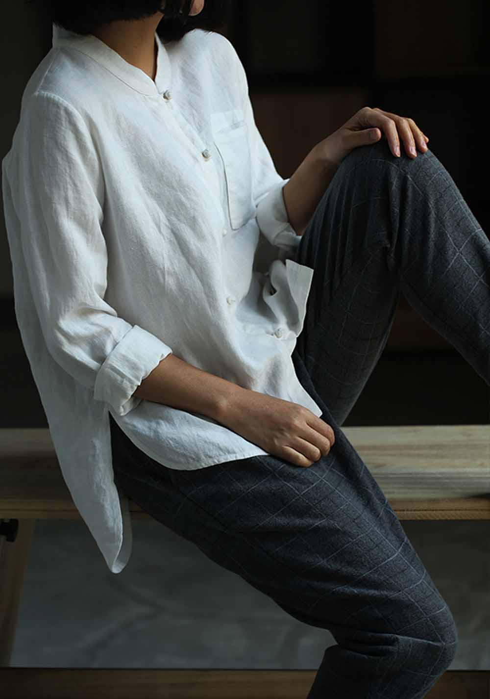 edoa Stand Collar Off White Linen Shirt 