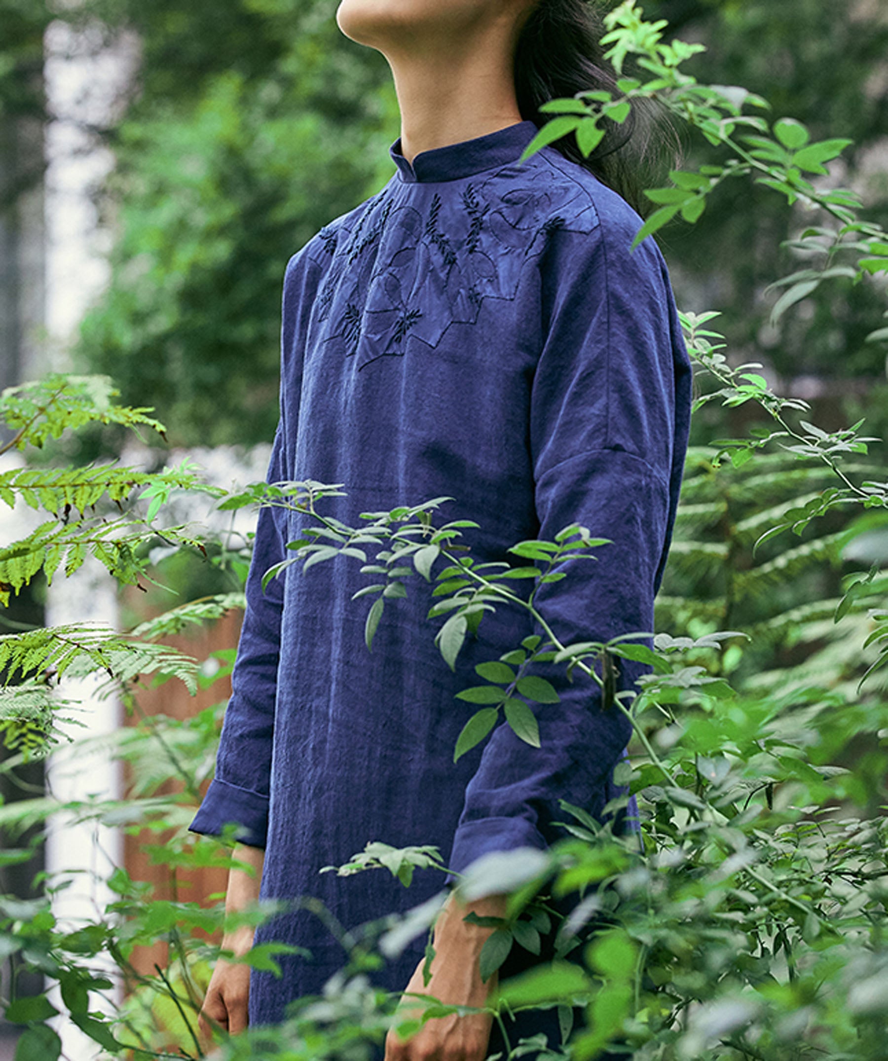 edoa Washed Linen Applique Qipao Dress
