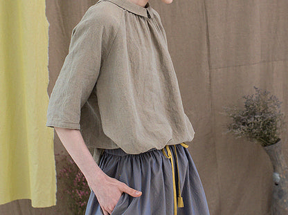 edoa Revesible Yarn dyed French Linen Peterpan Collar Blouse with Gather Neck