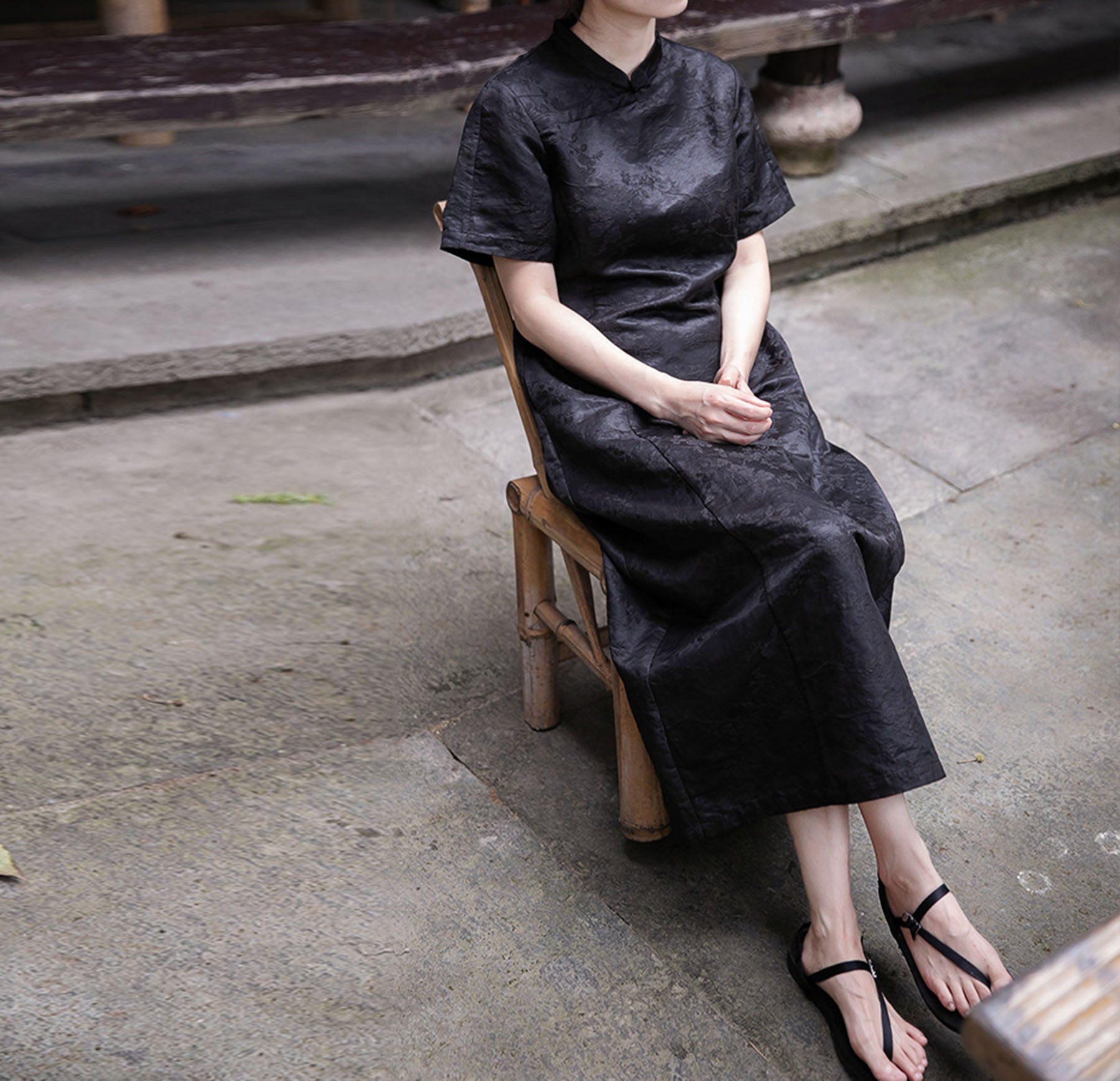 edoa Mud Silk Linen blend Jacquard Qipao