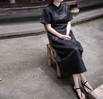 edoa Mud Silk Linen blend Jacquard Qipao