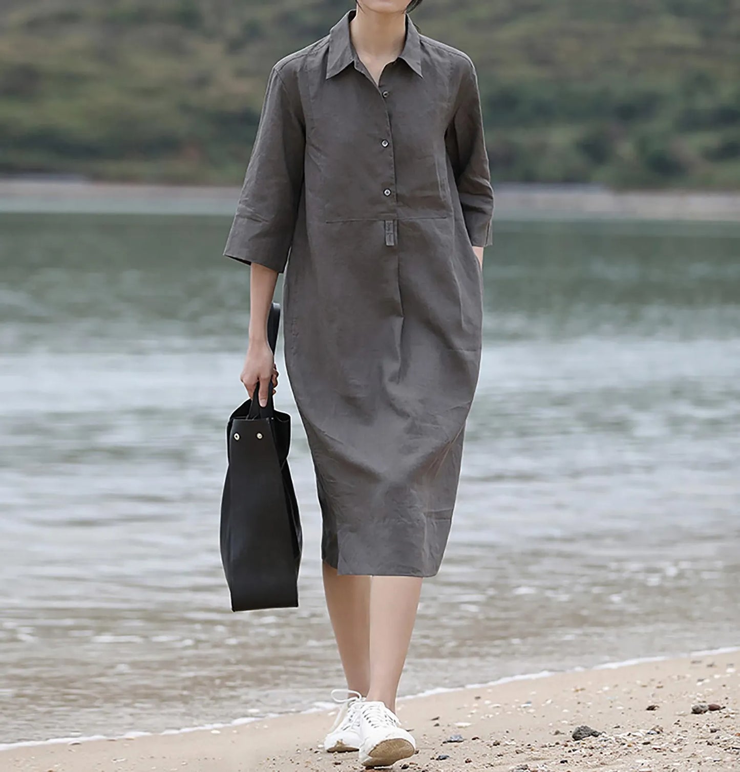 edoa Elegant Linen Midi Shirt Dress 