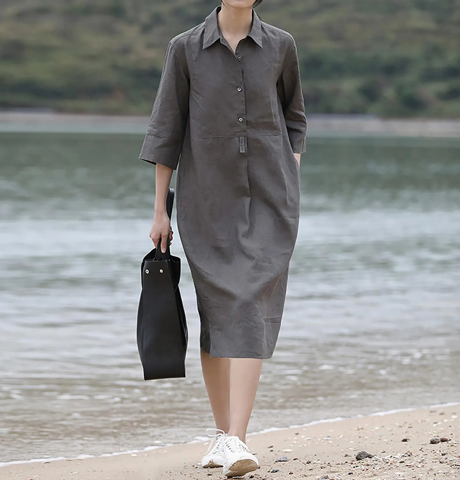 edoa Elegant Linen Midi Shirt Dress 