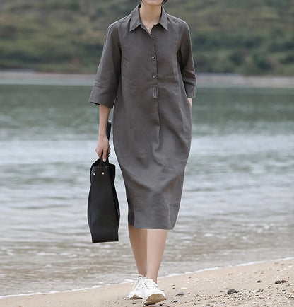 edoa Elegant Linen Midi Shirt Dress 