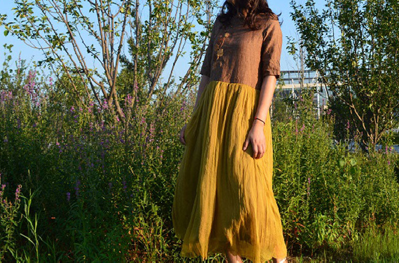 edoa Linen Dress with Gathering Silk Crepe