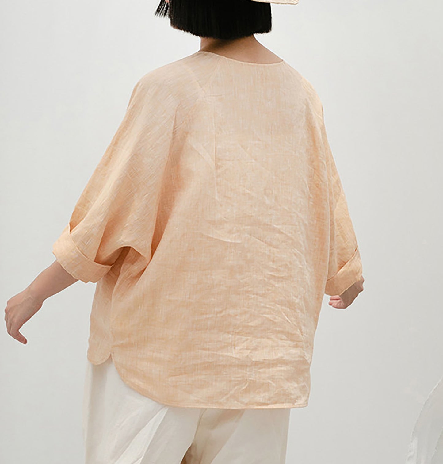 edoa  Loose Fit Yarn Dyed Linen Chinese T-shirt