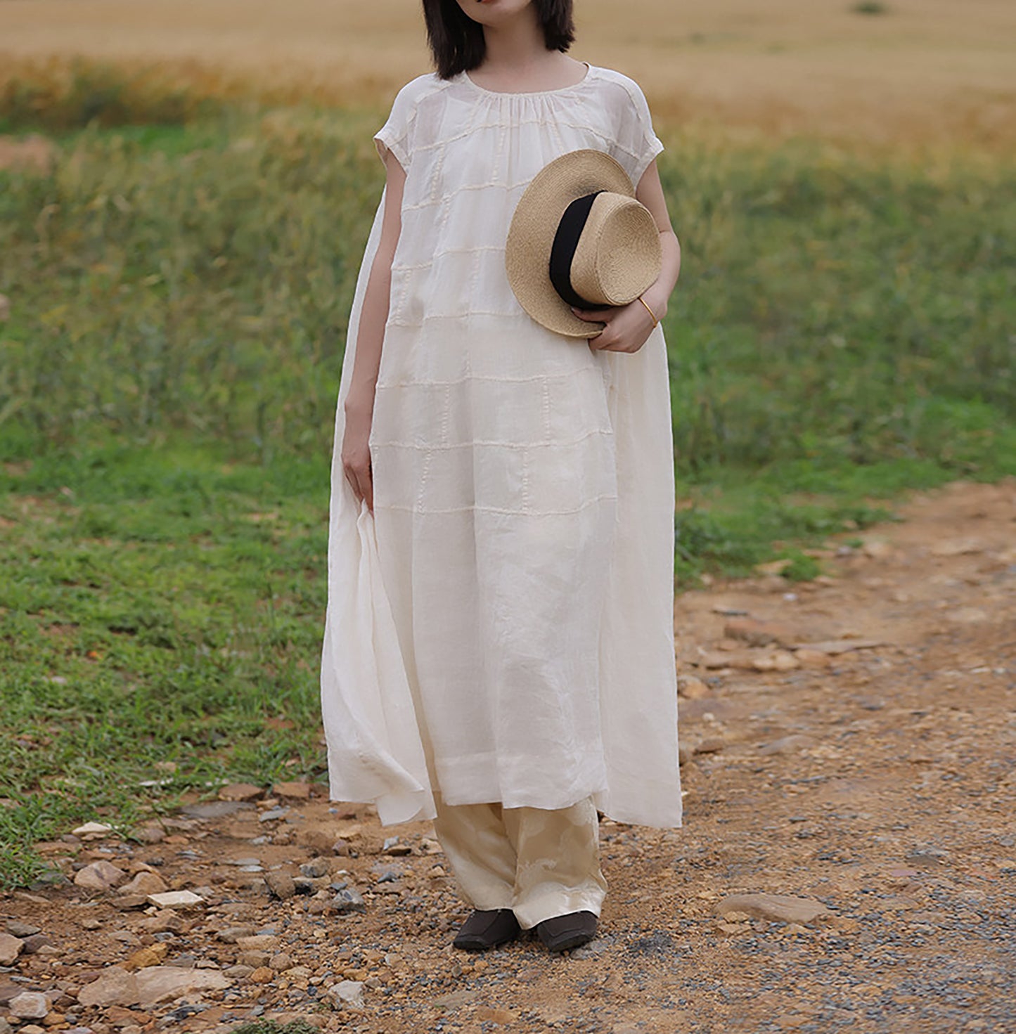 edoa Oversized Summer Light and Airy Ramie Robe with Geometric Patchwork
