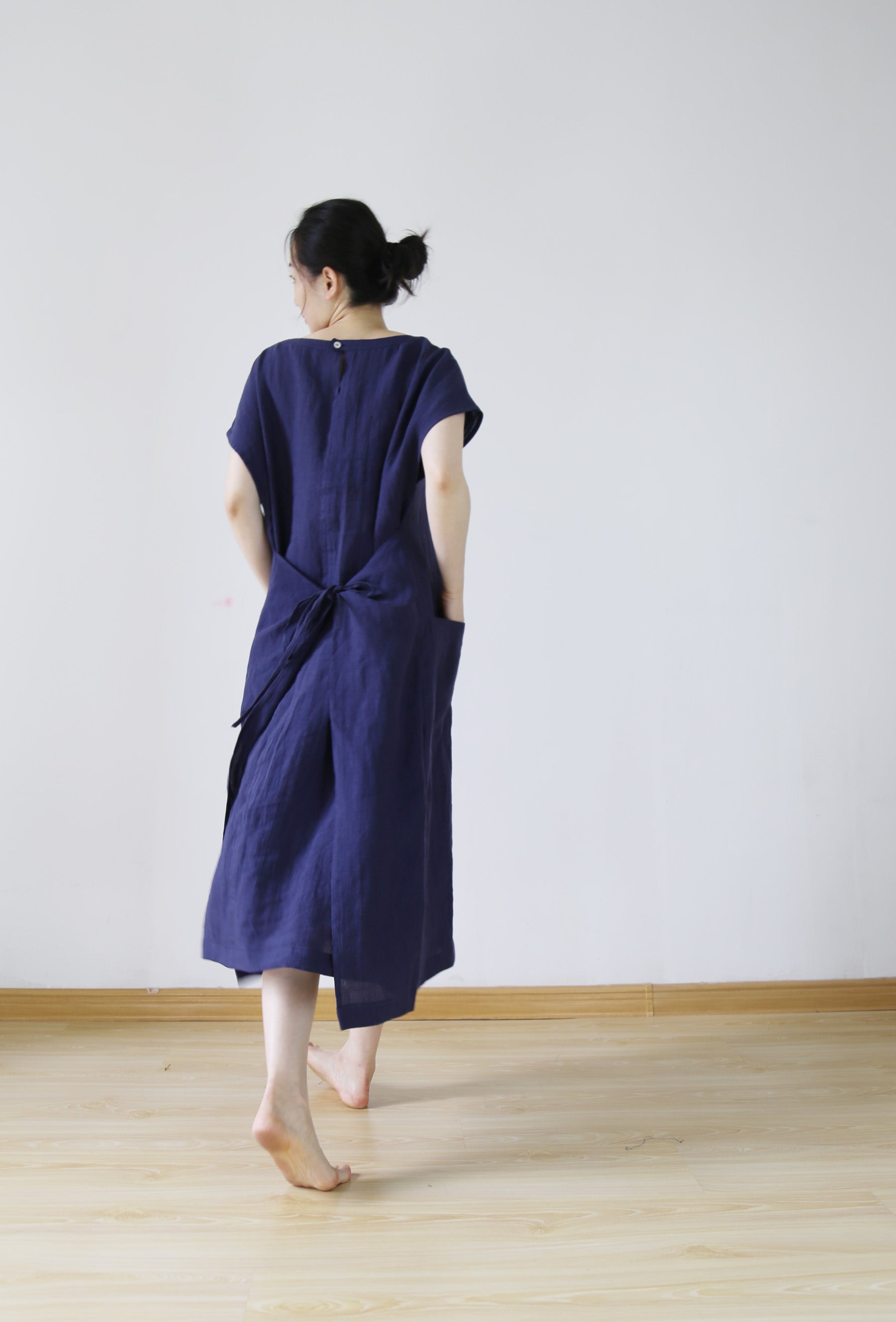 edoa Plus Size Navy Blue Washed Linen Dress 