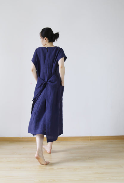 edoa Plus Size Navy Blue Washed Linen Dress 