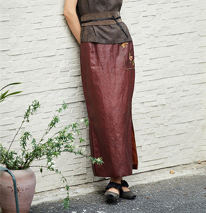 edoa New Chinese Style Cracked Mud Silk Habotai Straight Midi Skirt with Hand Embroidery