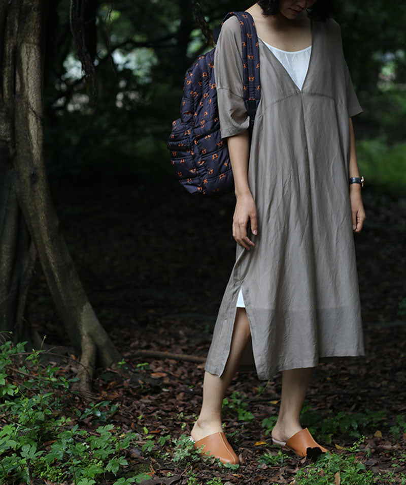 edoa Deep V Neck Smock Dress 
