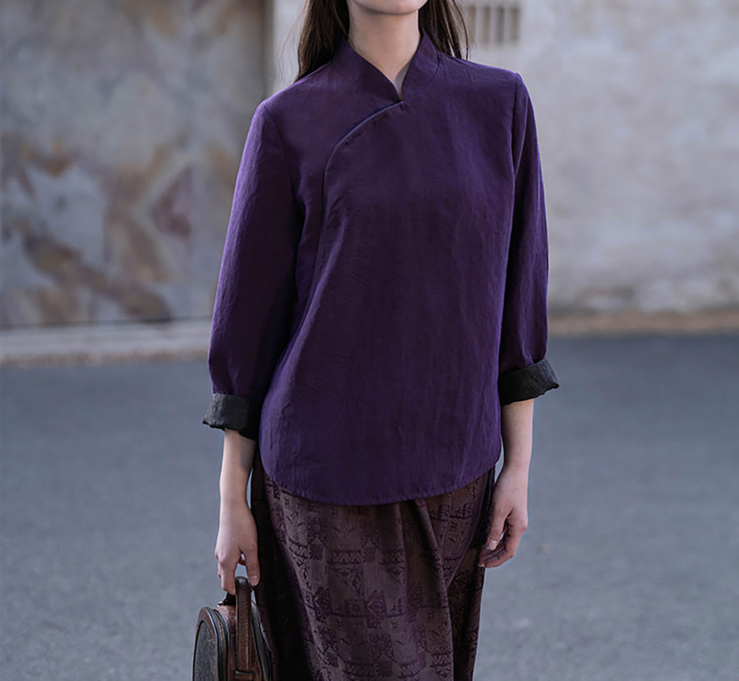 edoa Purple Cracked Mud Silk Cheongsam Top
