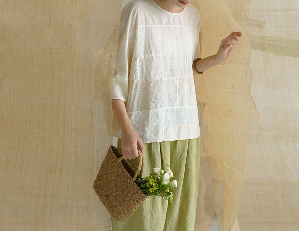 edoa Linen and Tussah Silk Patchwork Blouse