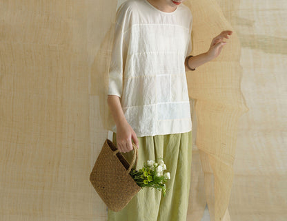 edoa Linen and Tussah Silk Patchwork Blouse