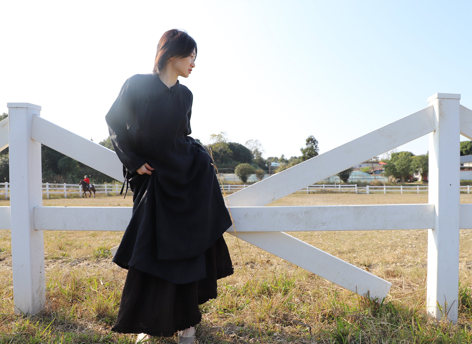 edoa Loose Black Linen Wrap Qipao Dress