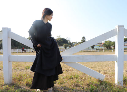 edoa Loose Black Linen Wrap Qipao Dress