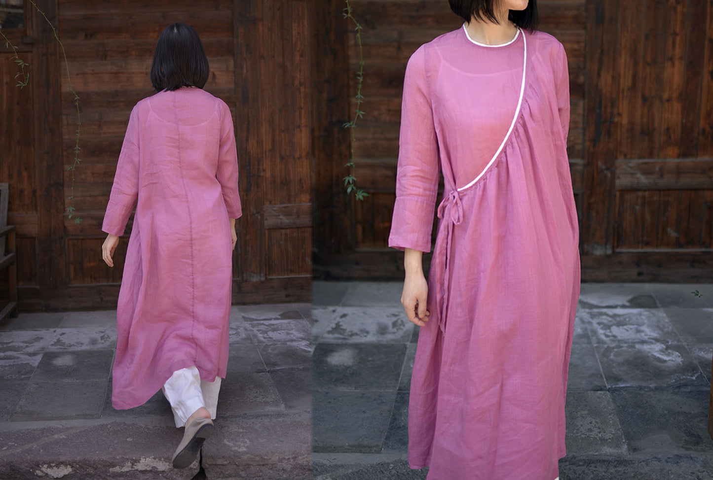 edoa Hot Pink Asymmetrical Washed Ramie Long Tie Dress 