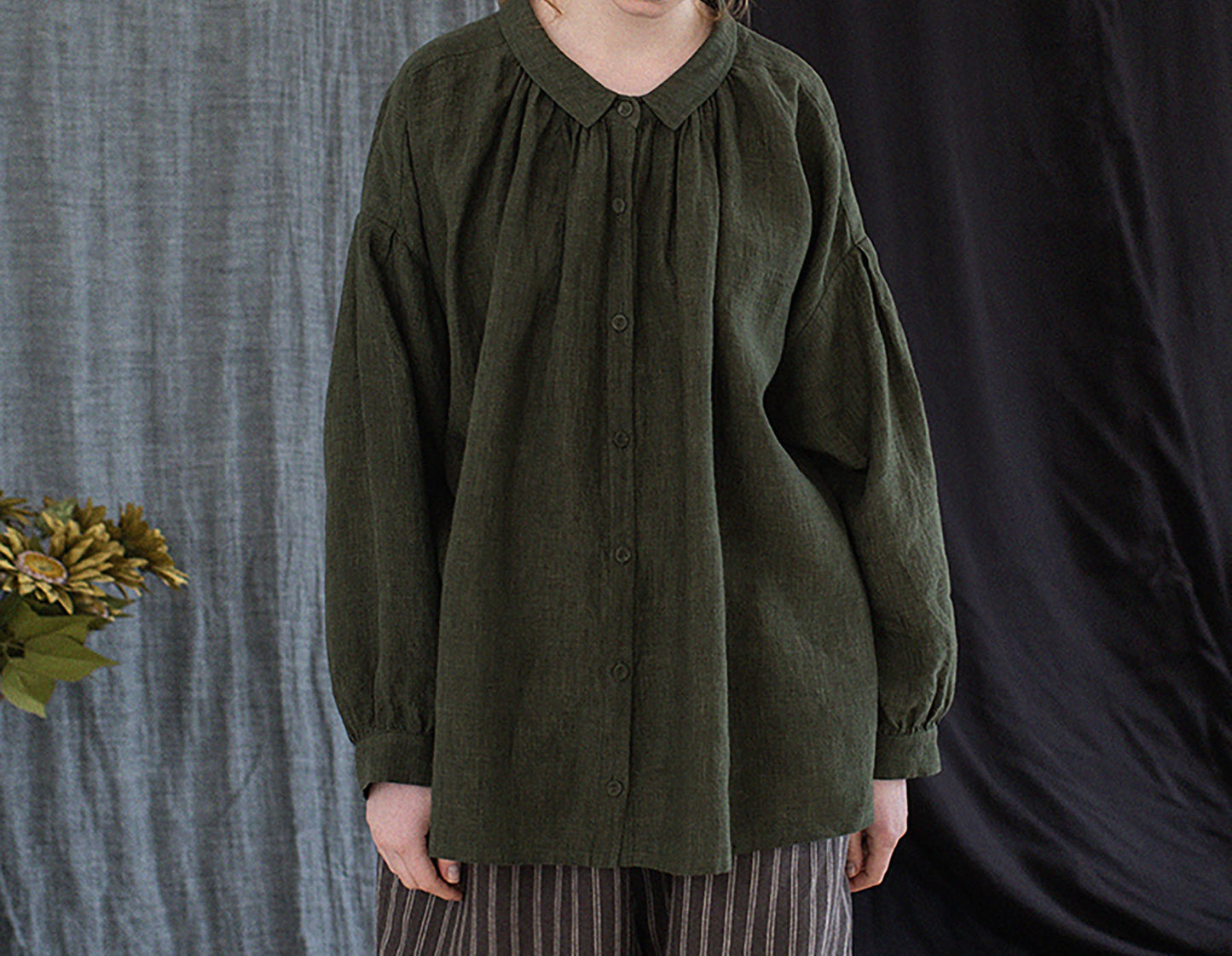 edoa Forest Green Linen Peter Pan Collar Babydoll Shirt
