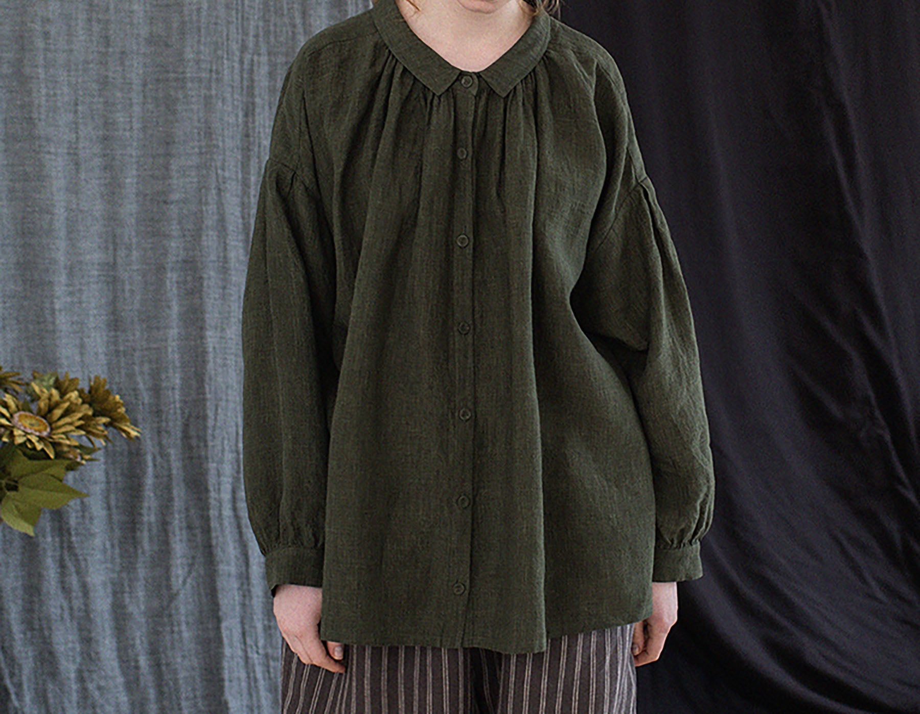 edoa Forest Green Linen Peter Pan Collar Babydoll Shirt