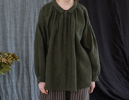 edoa Forest Green Linen Peter Pan Collar Babydoll Shirt