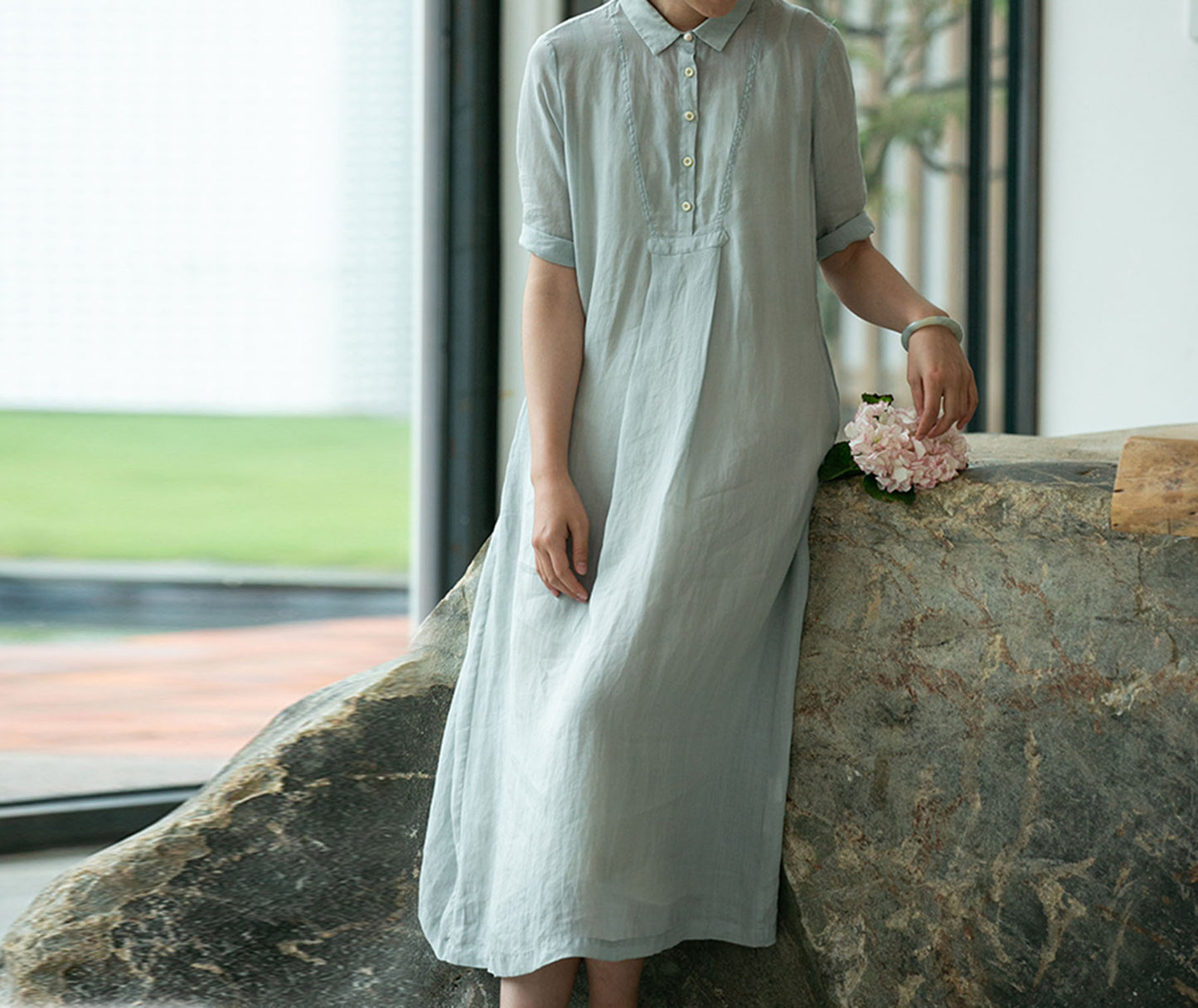 edoa High Counted Ramie A-line Shirt Dress 