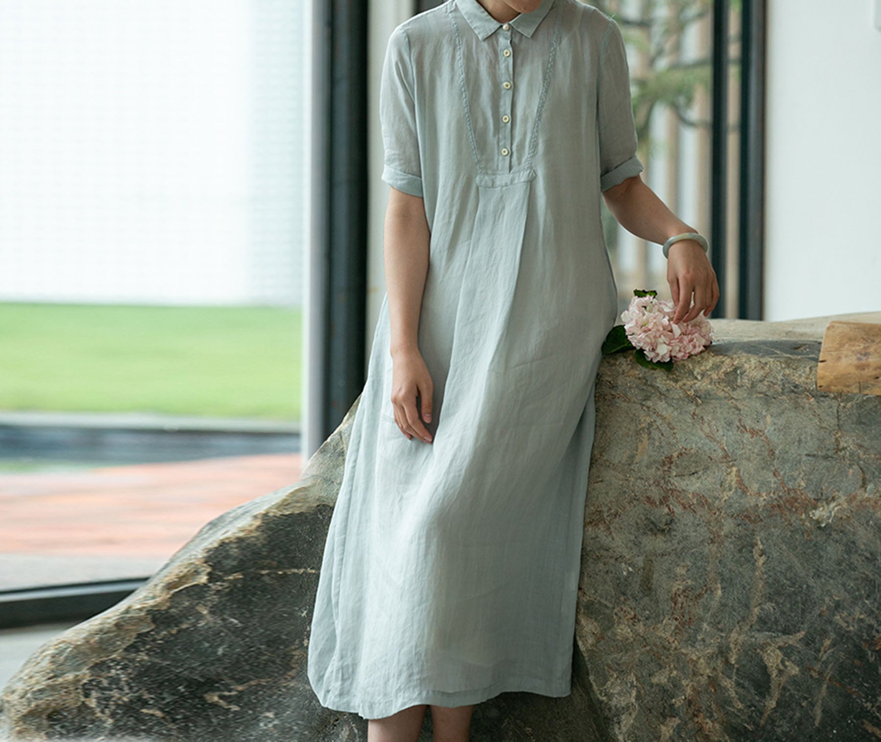 edoa High Counted Ramie A-line Shirt Dress 