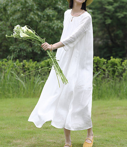 edoa High Counted Ramie Gathered Midi Dress 