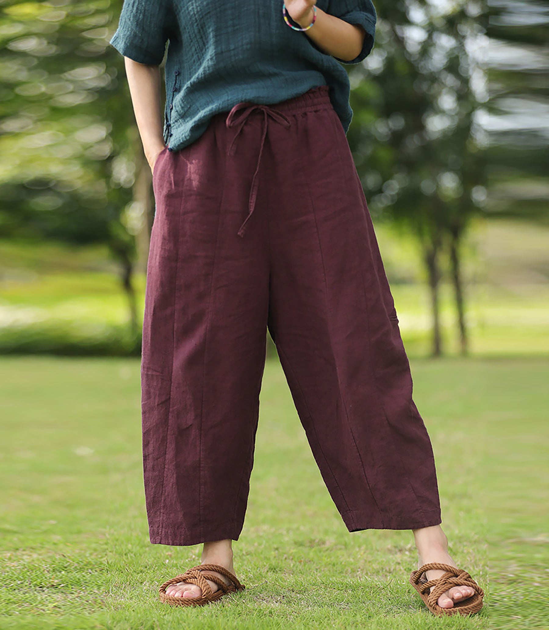 edoa Burgundy French Linen Tapered Pants