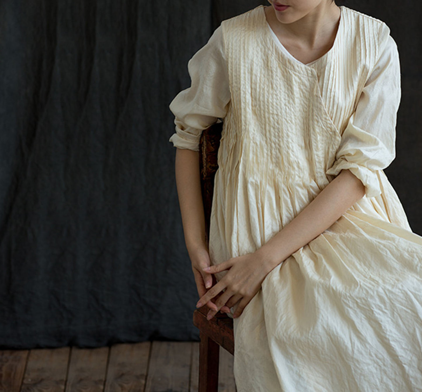 edoa Tussah Silk Hand Pintuck Wrap Dress