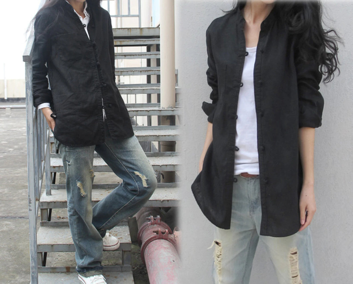 edoa Stand Collar Linen Chinese Shirt 