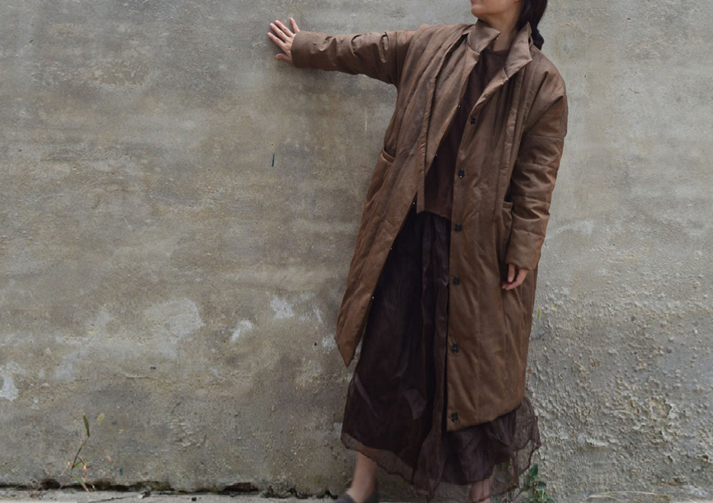 edoa Loose Fitting Dupioni Silk Cocoon Shape Down Coat