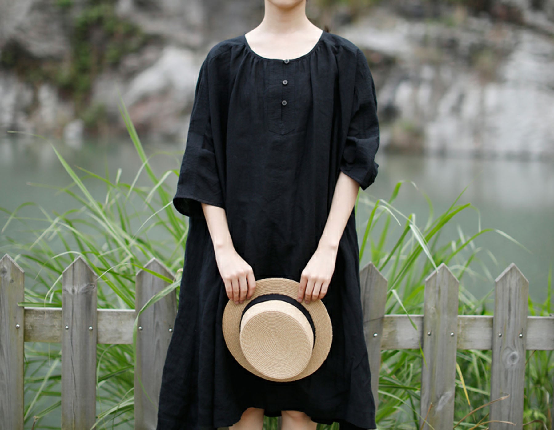edoa 3/4 sleeves A-line Linen Tunic