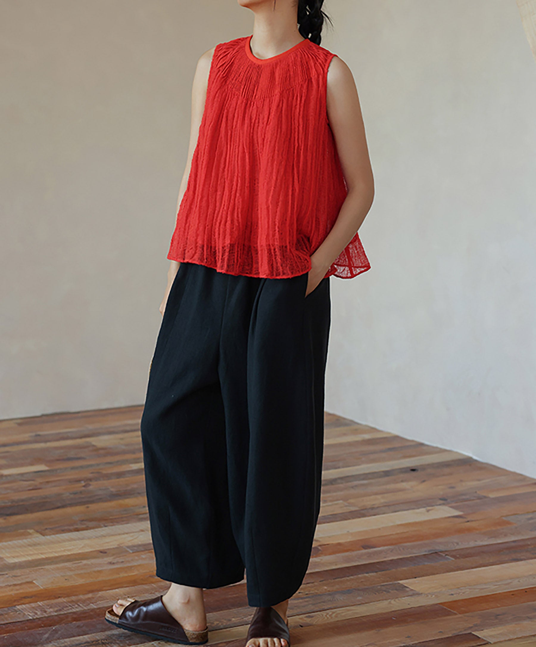 edoa Crushed Linen Pintucked Tank Top